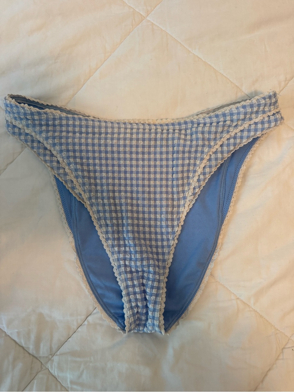 Abercrombie & Fitch Light Blue Gingham Bikini Bottom with Scalloped Trim
